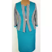 Csinos nyakú, 3/4-es ujjú, türkiz alapszínű, felső része fehér-sötétkék színű mintával díszített, selymes anyagú ruha, ajándék brossal 44-52