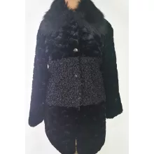 Nagyon szép, fekete színű, gombos, selyembéléses, zsebes, anyagában mintás, műszőrme kabát  2XL/4XL