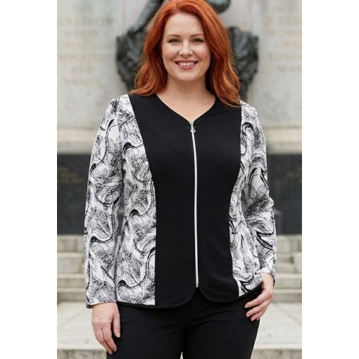 Csínos nyakú, hosszú ujjú, fekete-fehér színű, pamutos anyagú alkalmi blézer 46-52