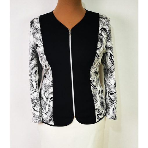 Csínos nyakú, hosszú ujjú, fekete-fehér színű, pamutos anyagú alkalmi blézer 46-52