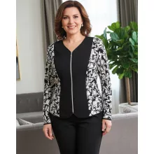 Csínos nyakú, hosszú ujjú, fekete-fehér színű, pamutos anyagú alkalmi blézer 46-52