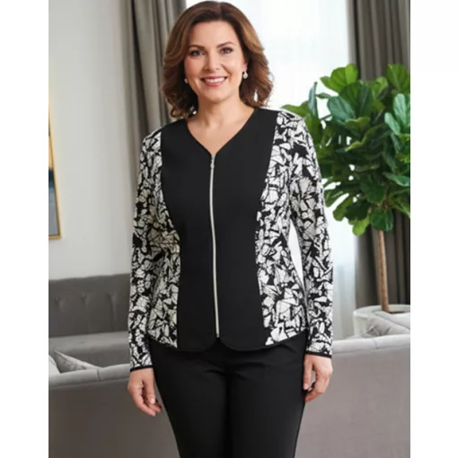 Csínos nyakú, hosszú ujjú, fekete-fehér színű, pamutos anyagú alkalmi blézer 46-52