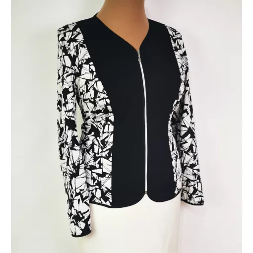 Csínos nyakú, hosszú ujjú, fekete-fehér színű, pamutos anyagú alkalmi blézer 46-52