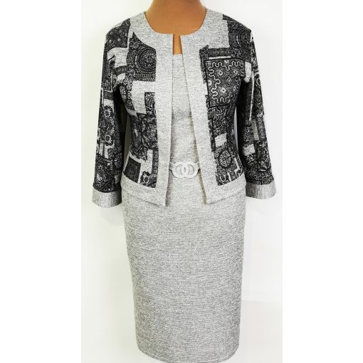 Elől sötétszürke mintás, díszcsatos ruha 42-56