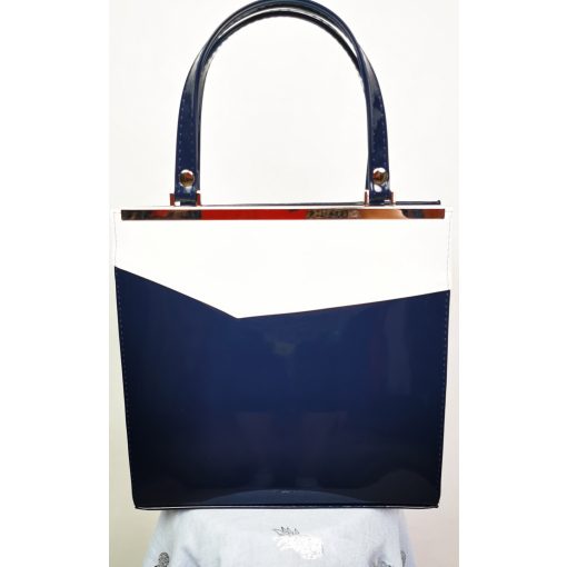 Cipzáras záródású, egy  rekeszes,  kék-fehér színű, vállra akasztható, alkalmi  kézi táska 