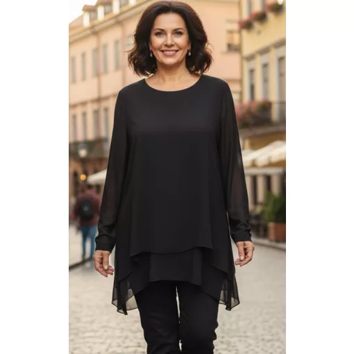 Dupla, muszlin anyagú, hosszú ujjú, aszimmetrikus aljú alkalmi felső 3XL/4XL