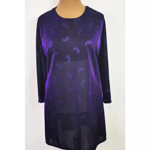 Kerek nyakú, 3/4-es ujjú, lila alapon, ezüstösen csillogó mintás tunika 2XL/4XL