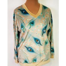 "V" nyakú, ejtett vállú, bársonyos tapintású, zsebes, bézs alapon, türkizkék mintás felső  42-52