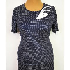   Sötétkék  alapszínű, fehér pöttyös díszítésű, nyaknál díszített felső 44-52