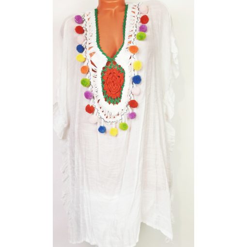 "V" nyakú, fehér alapon színes mintás, "belebujós", strand ruha XL/2XL