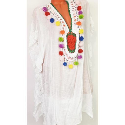 "V" nyakú, fehér alapon színes mintás, "belebujós", strand ruha XL/2XL