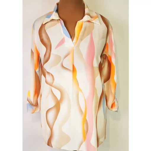 "V", kihajtós nyakú,  3/4-es roll-upos ujjú, kerekített aljú, selymes anyagú ing  2XL/4XL