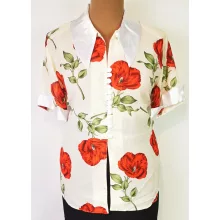 "V" nyakú, rövid ujjú, elől díszgombos, krém alapon, piros színű, virág mintás, selymes anyagú ing L-2XL