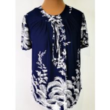 Rövid ujjú, sötétkék alapon, fehér  levél mintás felső 54-60
