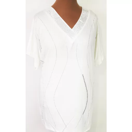 "V" nyakú, rövid ujjú, díszített, pamutos anyagú tunika 2XL/3XL-3XL/4XL