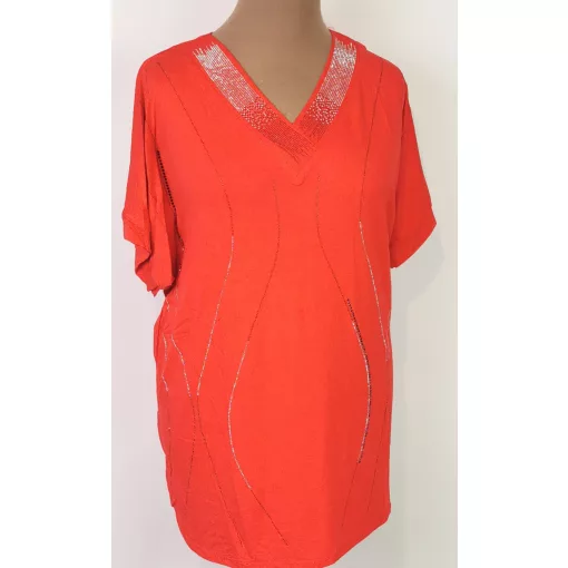 "V" nyakú, rövid ujjú, díszített, pamutos anyagú tunika 2XL/3XL-3XL/4XL