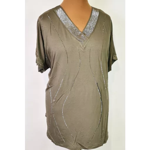 "V" nyakú, rövid ujjú, díszített, pamutos anyagú tunika 2XL/3XL-3XL/4XL