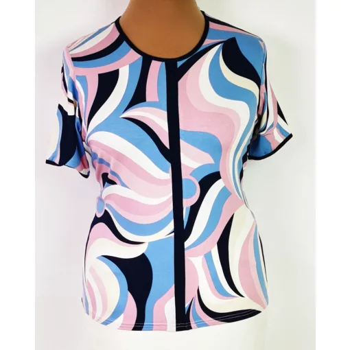 Kerek nyakú, rövid ujjú, színes  mintás, pamutos anyagú felső L-4XL