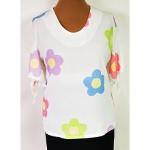 "V" nyakú, rövid ujjú, fehér alapon, színes virág mintás, selymes anyagú felső 42-52