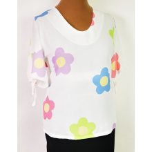 "V" nyakú, rövid ujjú, fehér alapon, színes virág mintás, selymes anyagú felső 42-52