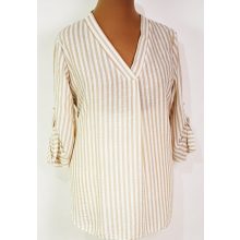 "V" nyakú, roll upos ujjú, aszimmetrikus, kerekített aljú, fehér-bézs csíkos mintás felső 2XL/4XL