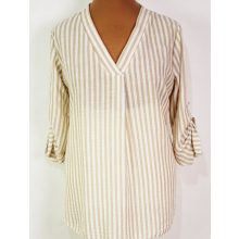 "V" nyakú, roll upos ujjú, aszimmetrikus, kerekített aljú, fehér-bézs csíkos mintás felső 2XL/4XL