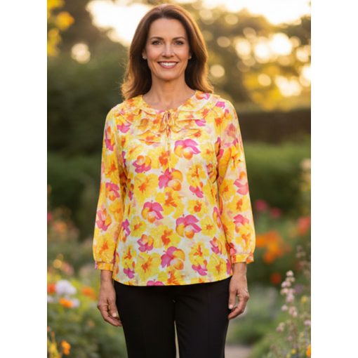 Elől-hátul, sárga-pink színű, virág mintás, nyaknál muszlin fodorral díszített felső 42-52