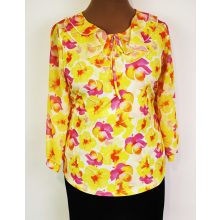 Elől-hátul, sárga-pink színű, virág mintás, nyaknál muszlin fodorral díszített felső 42-52