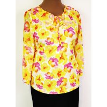 Elől-hátul, sárga-pink színű, virág mintás, nyaknál muszlin fodorral díszített felső 42-52