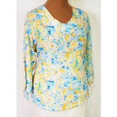   "V" nyakú, 3/4-es ujjú, fehér-világoskék-narancs színű mintás, selymes anyagú felső 42-52