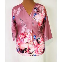 Mályva alapon, színes virág mintás, selymes anyagú felső 42-52