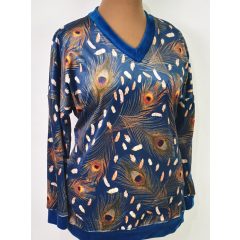   "V" nyakú, ejtett vállú, bársonyos tapintású, zsebes, színes mintás felső  42-52