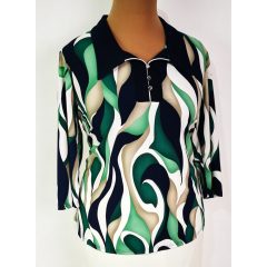   Ingnyakú, 3/4-es ujjú, nyaknál  díszített, fehér-zöld-sötétkék színű, selymes rugalmas anyagú felső  46-52