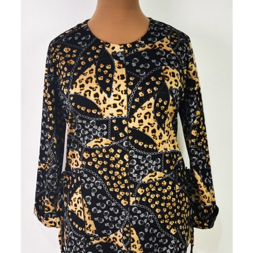 Fekete alapszínen, barna-szürke, leopárd mintával díszített felső 42-52