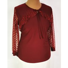 Elől-hátul bordó színű mintás, nyaknál muszlin fodorral díszített felső 42-52