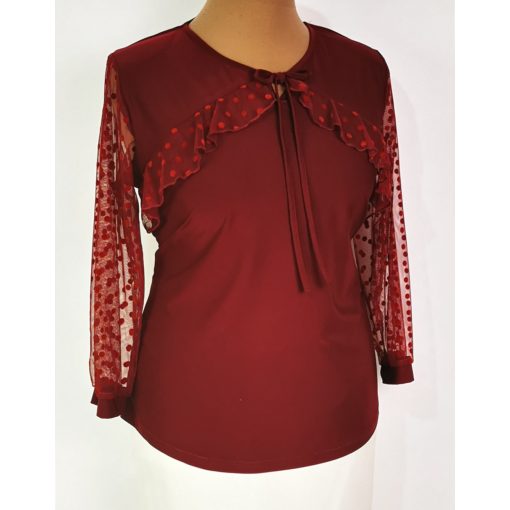 Elől-hátul bordó színű mintás, nyaknál muszlin fodorral díszített felső 42-52