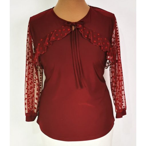 Elől-hátul bordó színű mintás, nyaknál muszlin fodorral díszített felső 42-52