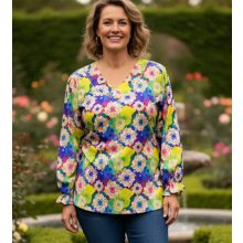 "V" nyakú, 3/4-es ujjú, színes virág mintás, nyaknál díszített felső 42-52
