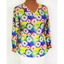 "V" nyakú, 3/4-es ujjú, színes virág mintás, nyaknál díszített felső 42-52