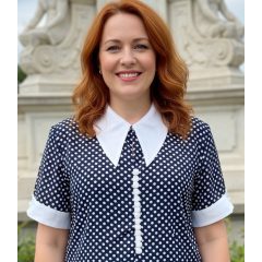   "V" nyakú, rövid ujjú, elől díszgombos, sötétkék alapon, fehér színű, pöttys mintás, selymes anyagú ing L-2XL