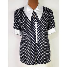 "V" nyakú, rövid ujjú, elől díszgombos, sötétkék alapon, fehér színű, pöttys mintás, selymes anyagú ing L-2XL