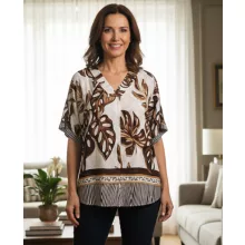"V" nyakú, rövid ujjú, bézs alapszínen, barna mintás, pamutos anyagú felső 2XL/4XL