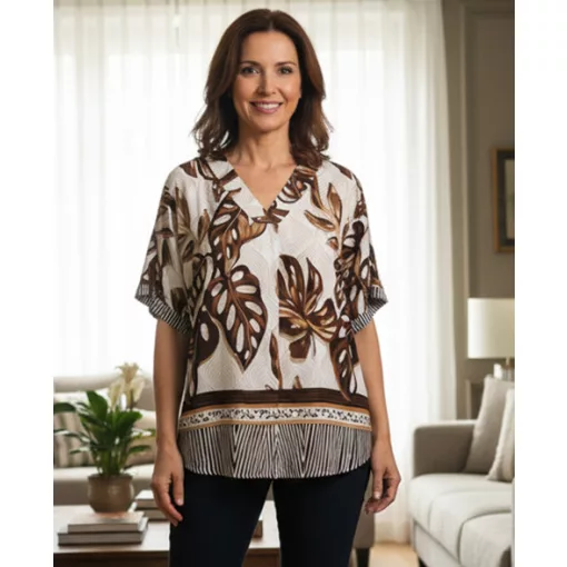 "V" nyakú, rövid ujjú, bézs alapszínen, barna mintás, pamutos anyagú felső 2XL/4XL