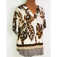 "V" nyakú, rövid ujjú, bézs alapszínen, barna mintás, pamutos anyagú felső 2XL/4XL