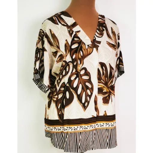 "V" nyakú, rövid ujjú, bézs alapszínen, barna mintás, pamutos anyagú felső 2XL/4XL