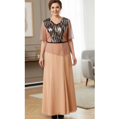   Gyönyörú májva,  aranybarna színű,  csillogó rátéttel díszített, alkalmi maxi ruha 48-56