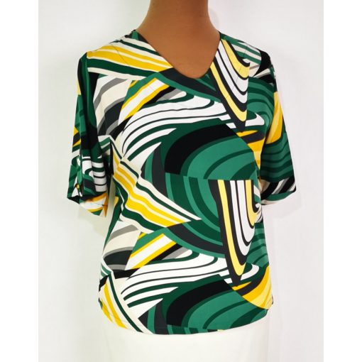 "V" nyakú, rövid ujjú, fehér-sárga-zöld színű mintás, selymes anyagú felső 42-52