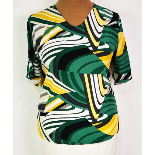 "V" nyakú, rövid ujjú, fehér-sárga-zöld színű mintás, selymes anyagú felső 42-52