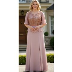   Hímzett, aranybarna színű csipkerátéttel díszített, alkalmi maxi ruha 42-56