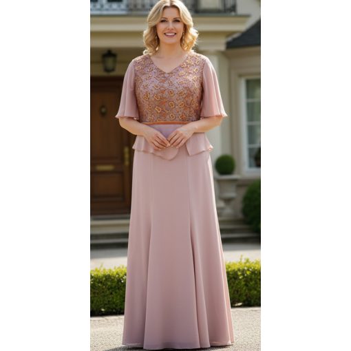 Hímzett, aranybarna színű csipkerátéttel díszített, alkalmi maxi ruha 42-56